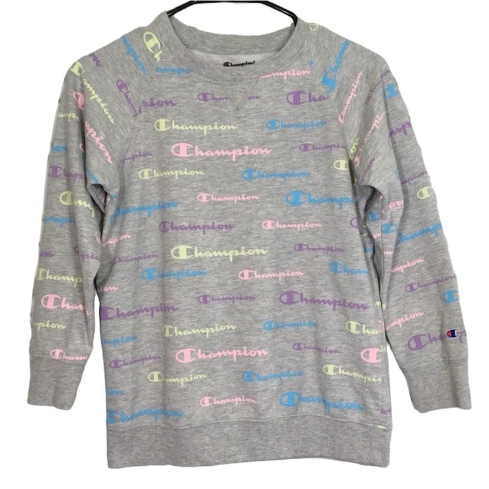 Champion Logo Print Crewneck Sweatshirt Kids Size L Gray Pastel All Over Print